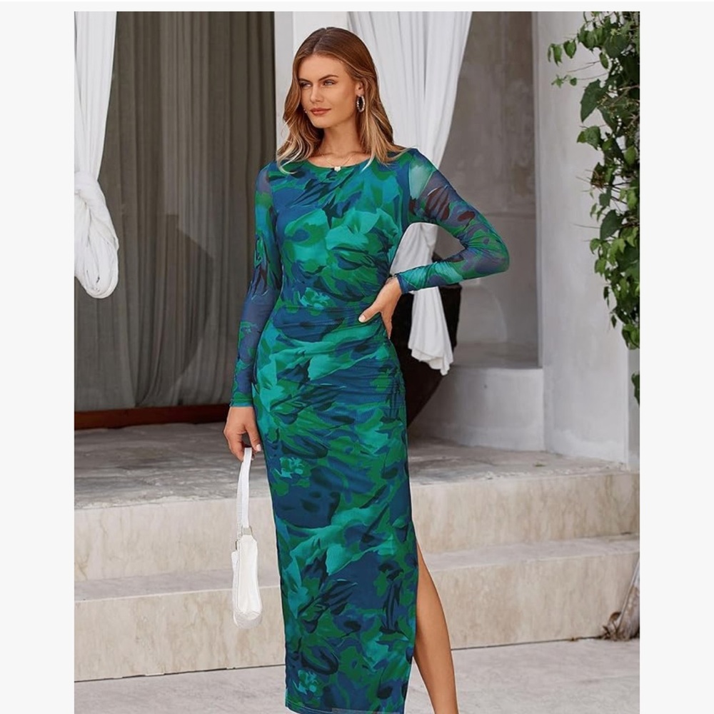 Chic Long Sleeve Green and Blue Dress
